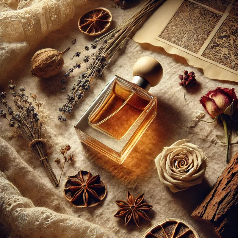 Flat lay artístico com frasco de perfume artesanal sobre tecido cru, rodeado por flores secas e elementos naturais, refletindo a estética afetiva e nordestina da marca Perfumes Chamego.