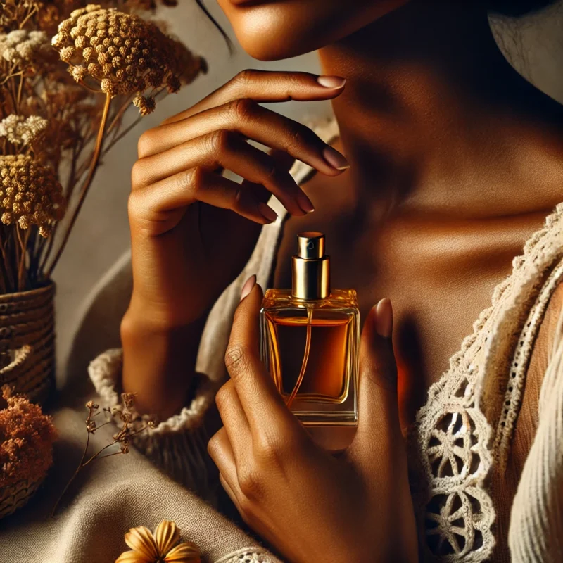 Mãos de uma mulher brasileira de pele negra aplicando perfume artesanal no pescoço, com fundo de tecido cru, flores secas e renda bordada, em cena afetiva e elegante que traduz a essência da marca Perfumes Chamego.