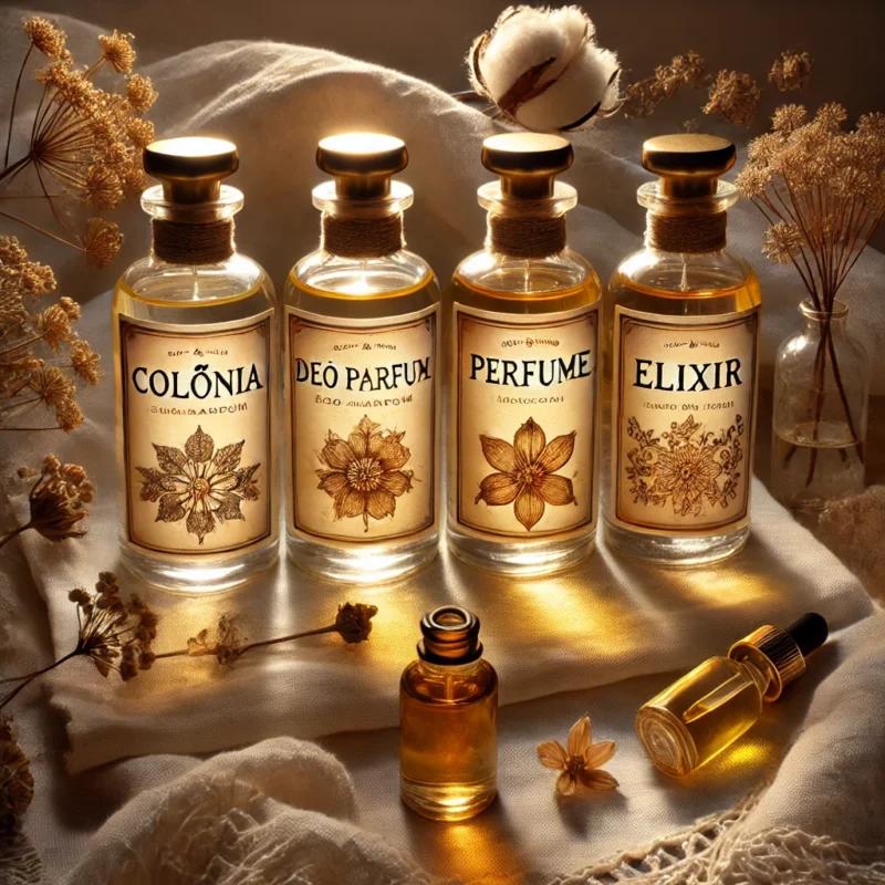 Quatro frascos de perfume artesanal representando colônia, deo parfum, perfume e elixir, dispostos em flat lay sobre tecido cru com renda e flores secas, em composição com luz quente e estética poética inspirada no nordeste, assinada pela marca Perfumes Chamego.