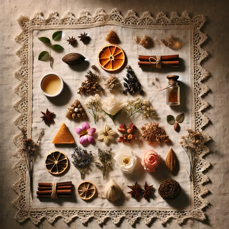 Imagem em flat lay representando simbolicamente a pirâmide olfativa, com três camadas compostas por frutas cítricas e ervas frescas, flores e especiarias, madeiras, resinas e baunilha, sobre tecido cru com renda bordada e flores do sertão, em composição poética e artesanal da marca Perfumes Chamego.