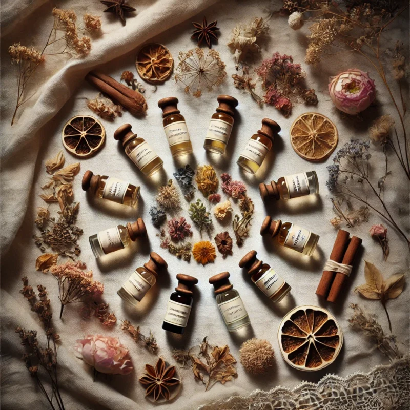 Imagem em flat lay com seis frascos de perfume artesanal dispostos em círculo, cercados por flores, ervas e texturas naturais sobre tecido cru com renda e flores secas do sertão, refletindo a estética afetiva e artesanal da marca Perfumes Chamego.